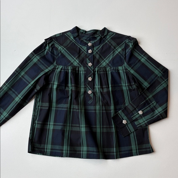 J.Crew Fresco Top With Jewel Buttons In Black Watch Tartan Plaid-NWT-MEDIUM - Picture 5 of 12